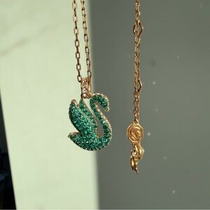 Swarovski Rose Gold and Green Swan Pendant Necklace